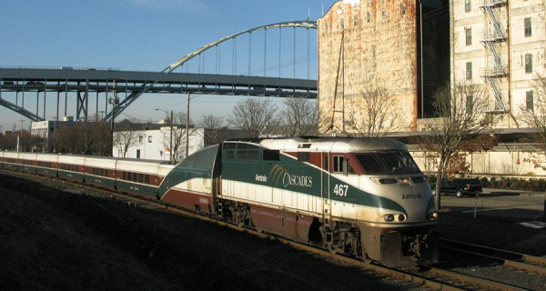 ODOT's Oregon Passenger Rail project seeks to find a long-term alignment for intercity rail service, such as the Amtrak Cascades train seen here, south of Portland.